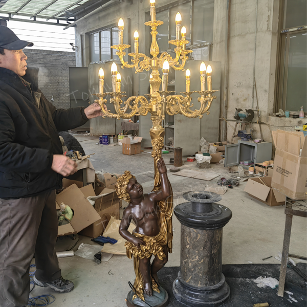 Customized Bronze Boy Lamp Sculpture Life Size  Brass Boy Statue