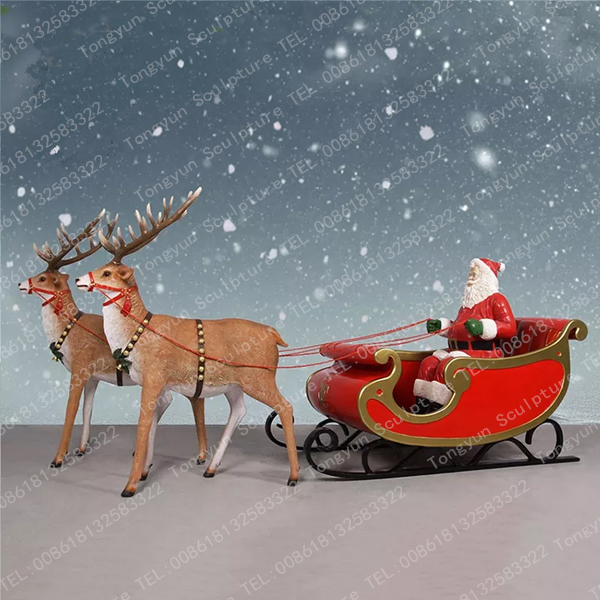 Customized Fiberglass Statue Santa Claus And Deer Sleigh Sculpture 