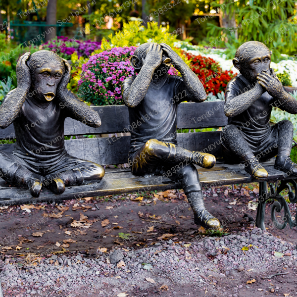 Outdoor Park Bronze Three Wise Chimpanzee Monkey Sculptures Statue On Bench For Sale