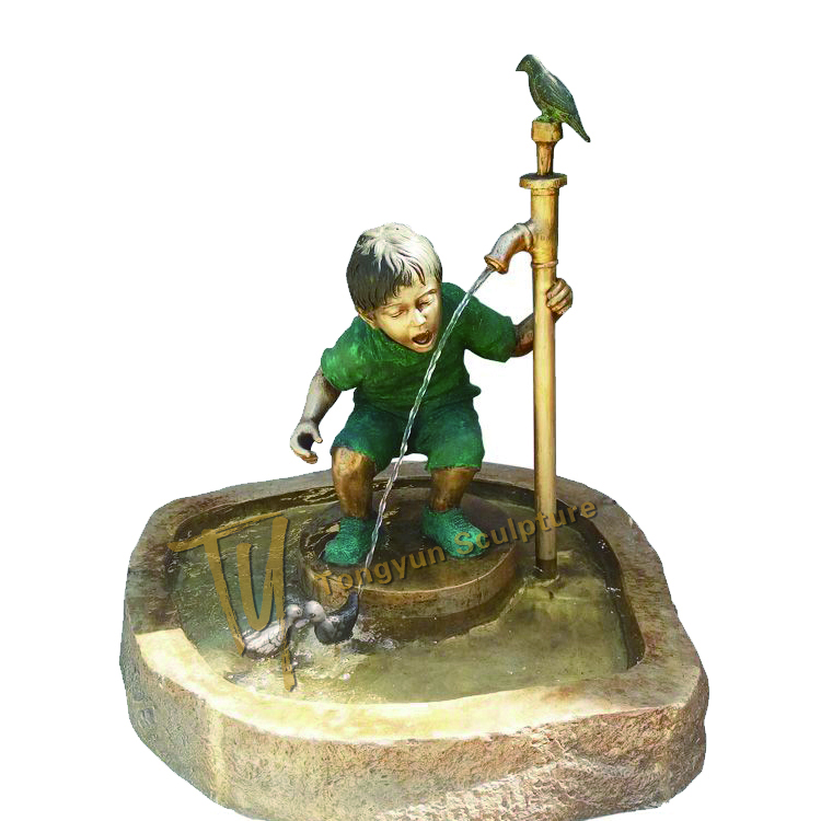 Yard Garden Bronze Life-size Boy And Brid Fountain with Pump