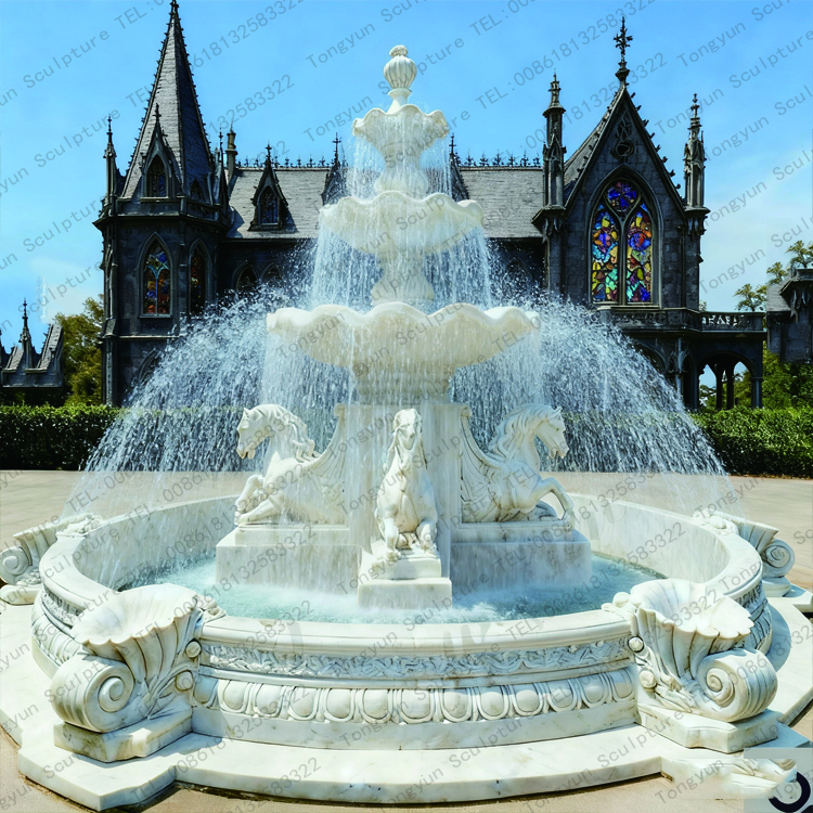 Tiered Marble Water Fountain With Horse Statue