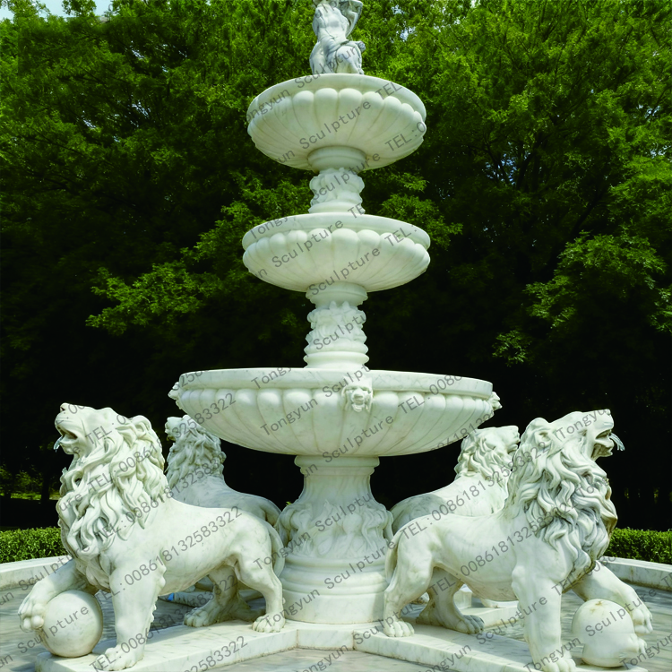 Outdoor White Marble Lion Water Garden Fountain Sculpture