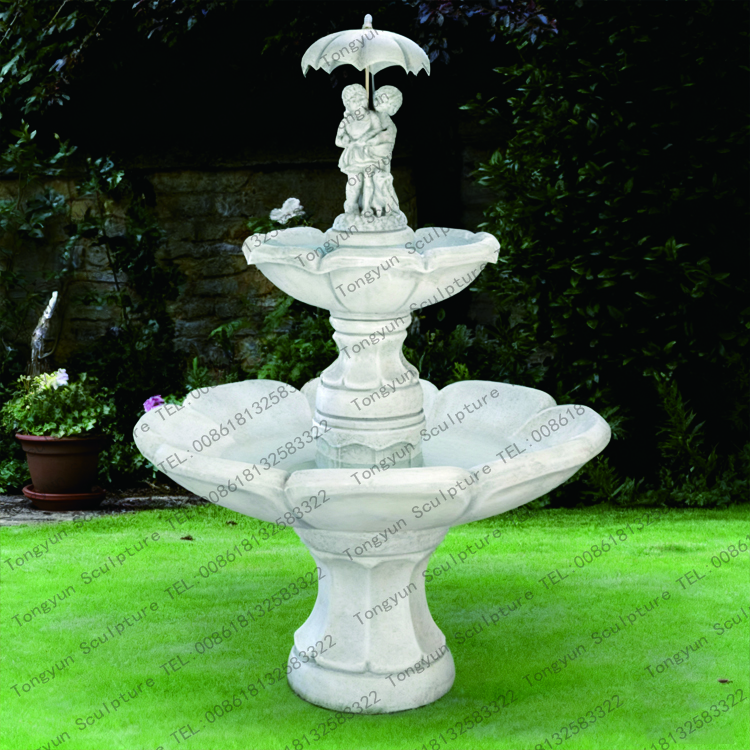 Two Angles with Umbrella Two Tiered White Marble Water Fountain Sculpture for Indoor and Outdoor Decoration.jpg