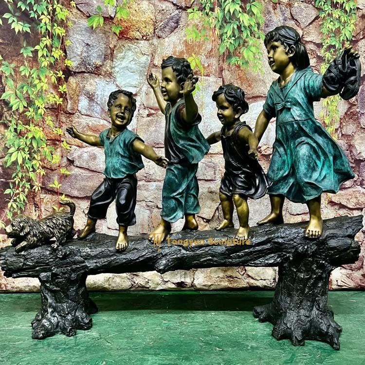 Little Kids Walking on a Log Bronze Outdoor Statue.jpg